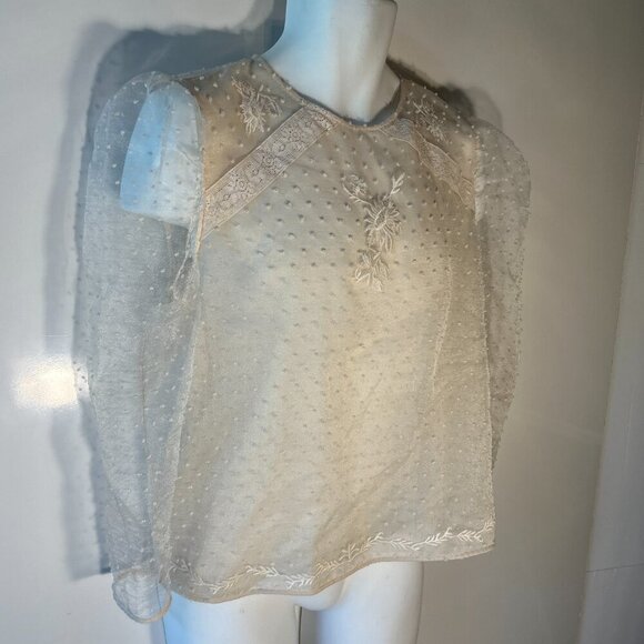 ZARA SZ XL Cream Swiss Dot Sheer Top Fairy Cottage Romantic Feminine Boho Glam - Picture 2 of 13